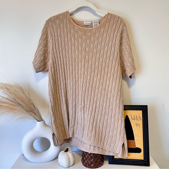 Tan Cableknit Short Sleeve Sweater - Picture 1 of 3